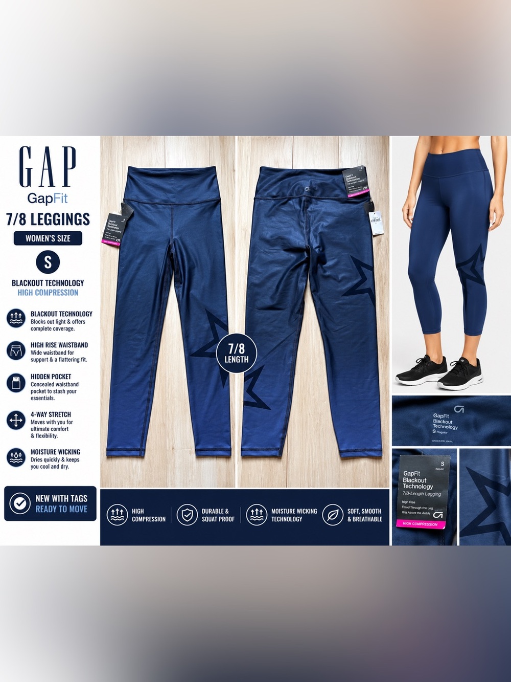 NWT GapFit Blackout Technology High Compression 7/8 Leggings Navy Blue Size S